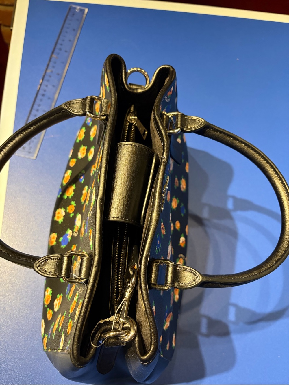 Coach Black Leather Satchel with Orange & Blue Floral Print - Picture 4 of 8